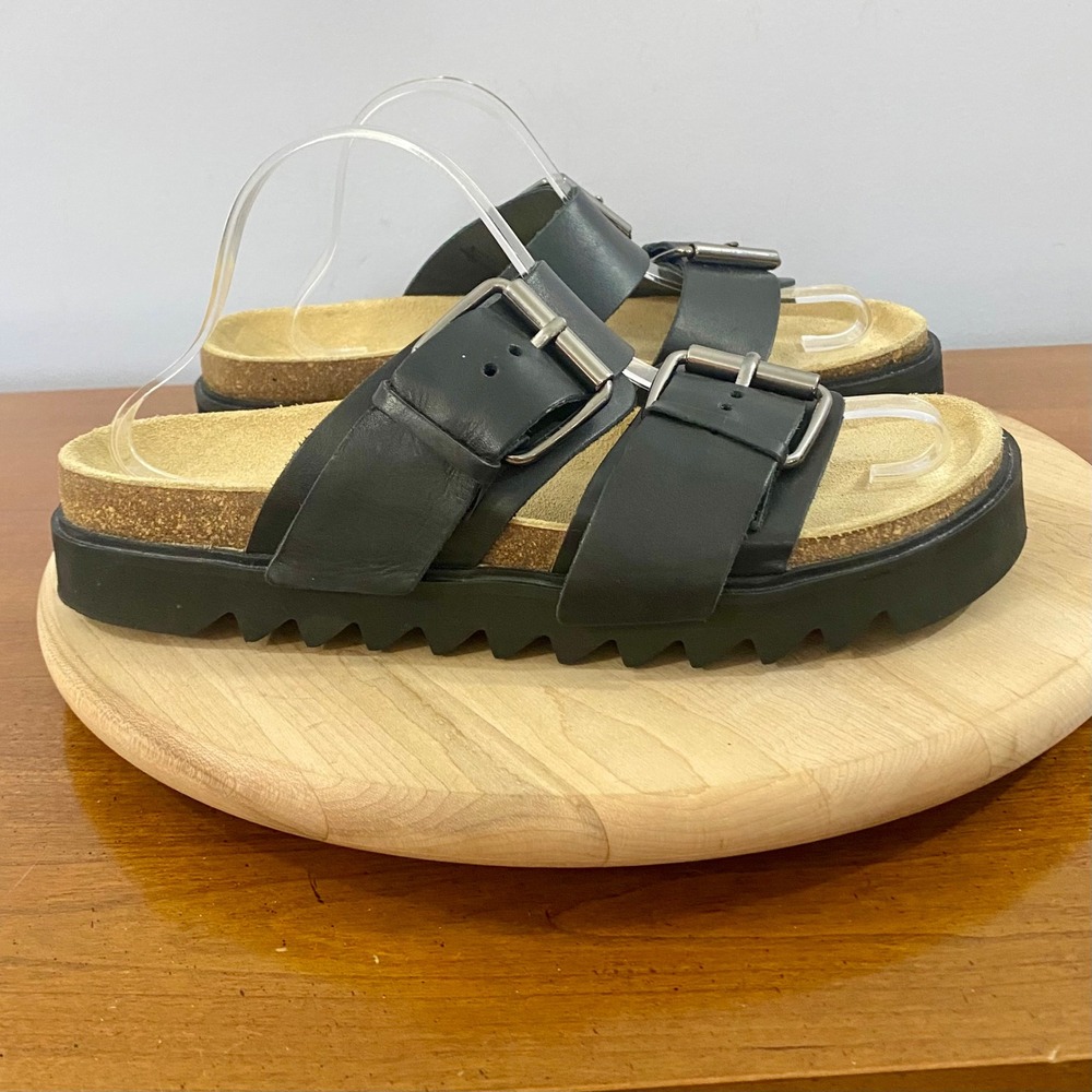 Mikuta The Black Leather Buckle Sandals EU 42 US 12 Cork Footbed Slides Slip On